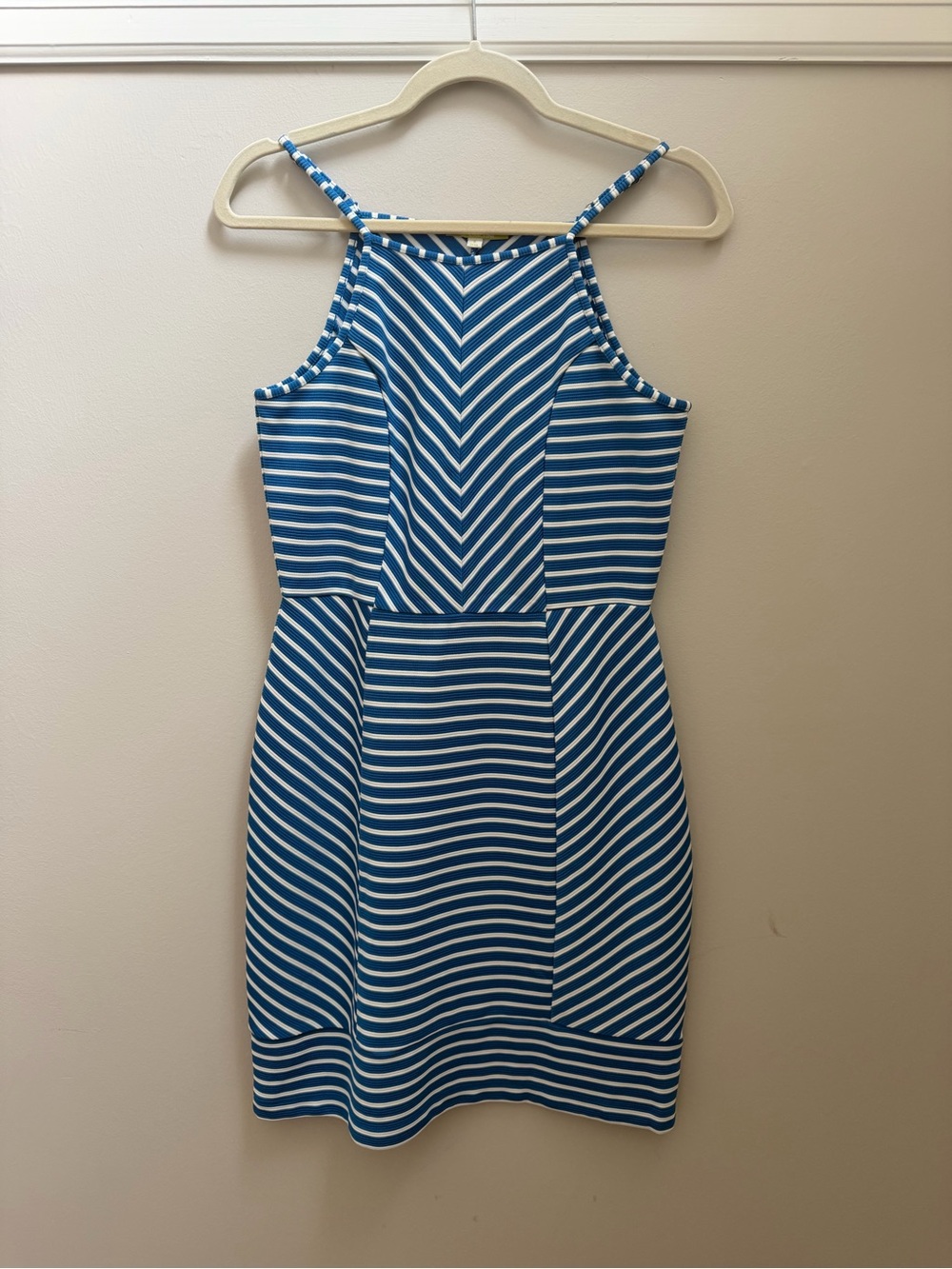 Like New Gianni Bini Blue & White Striped Square Neck Scuba Dress Sz Small